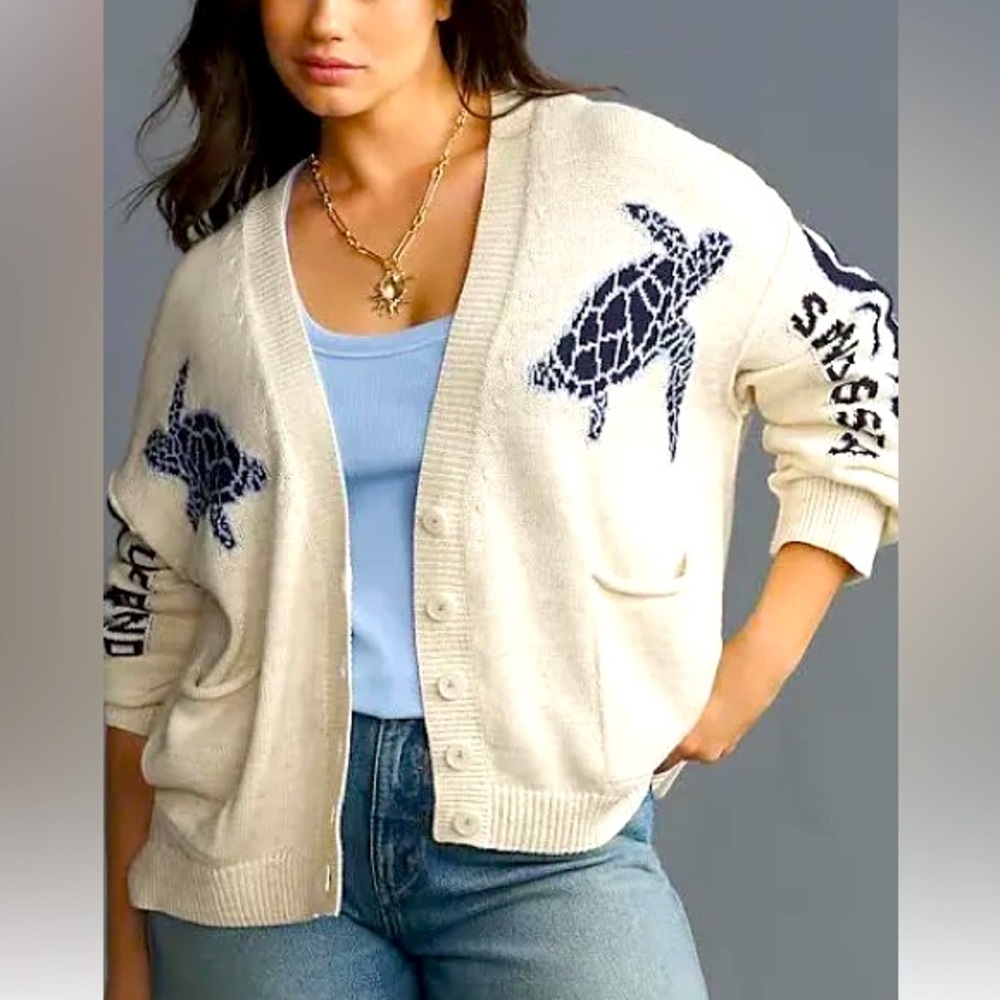 Sea Turtle Cream Cardigan Sweater by PILCRO